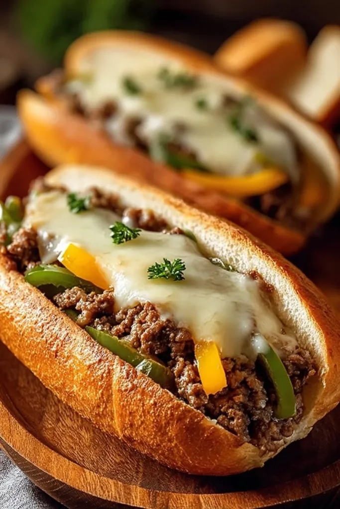 Delicious Ground Beef Philly Cheesesteaks served with sautéed onions and cheese