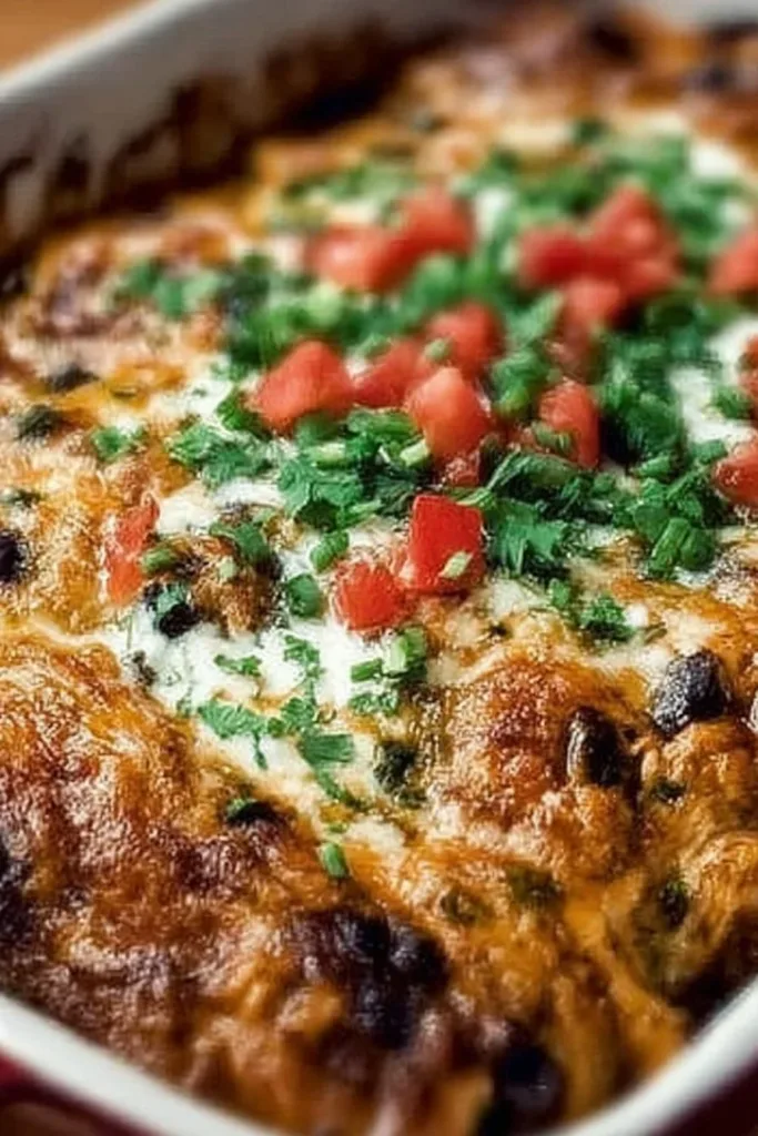 Healthy chicken burrito casserole topped with fresh ingredients and spices.