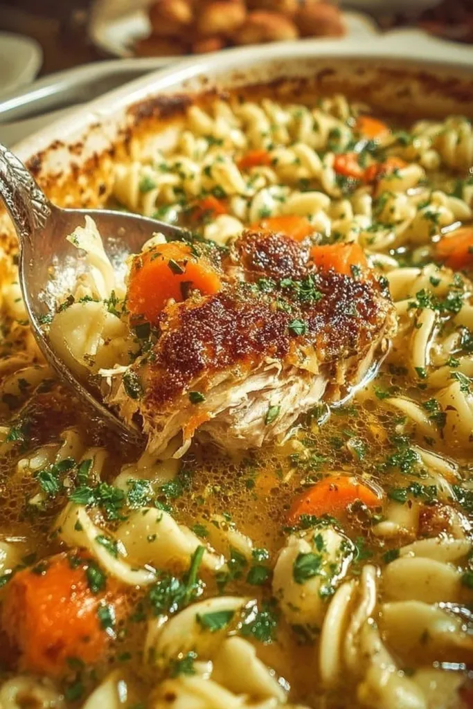 Delicious hearty casserole served in a dish with colorful vegetables and toppings.