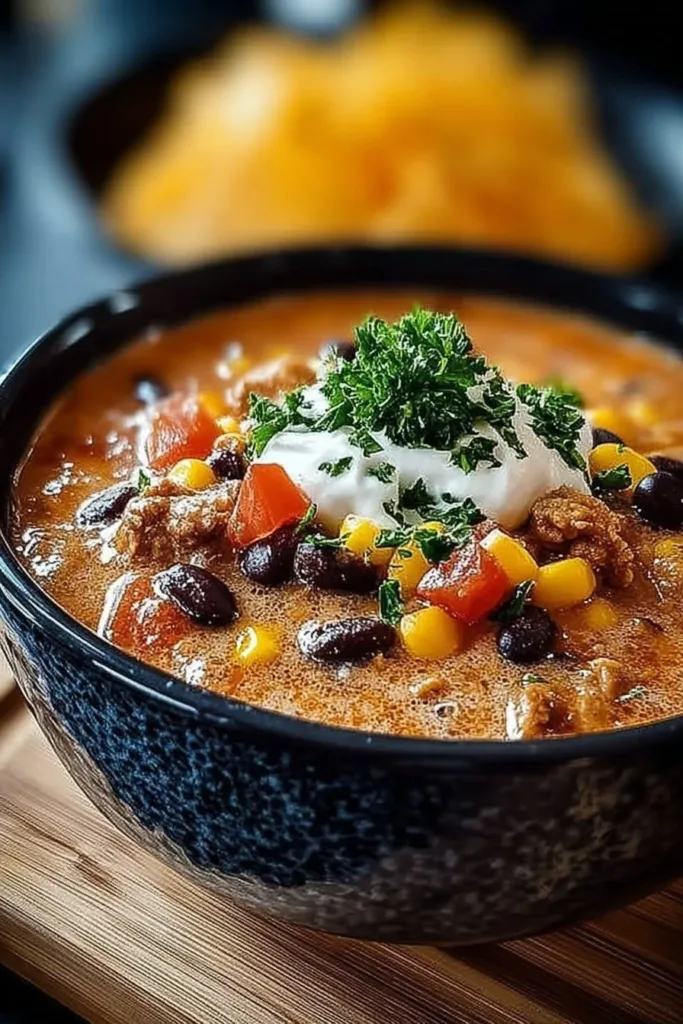 Bowl of high protein creamy taco soup garnished with cilantro and lime