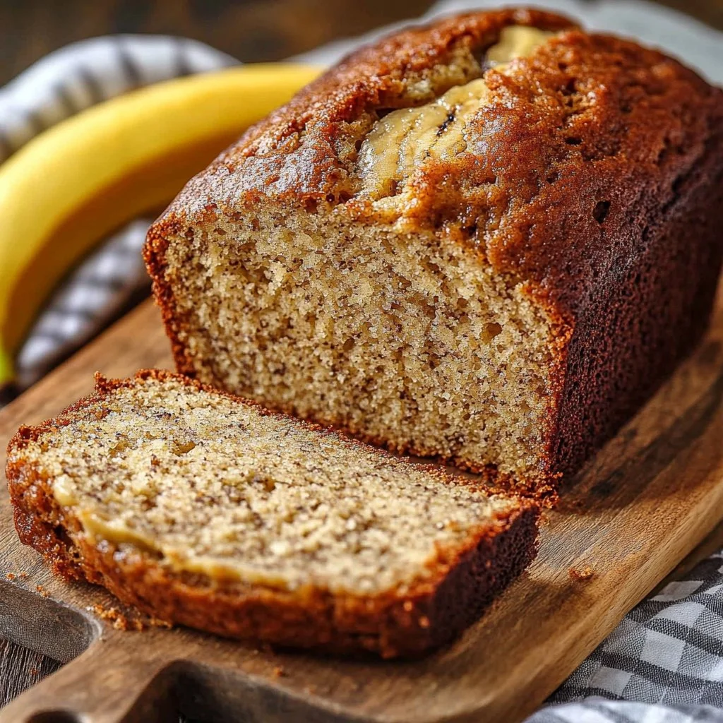 Freshly baked homemade banana bread on a wooden cutting board