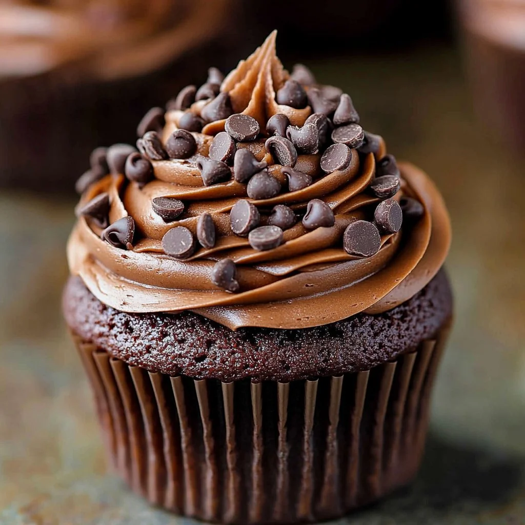 Delicious homemade moist chocolate cupcakes topped with chocolate frosting
