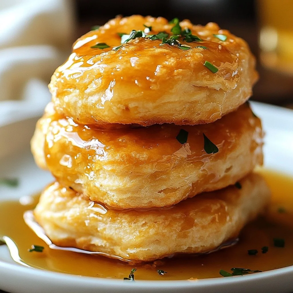 Hot honey chicken biscuits served on a plate, drizzled with honey.