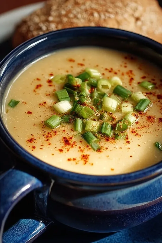 Bowl of creamy Irish Potato Soup garnished with herbs