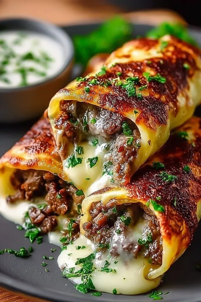Keto Philly Cheesesteak Rolls filled with cheese and steak on a plate