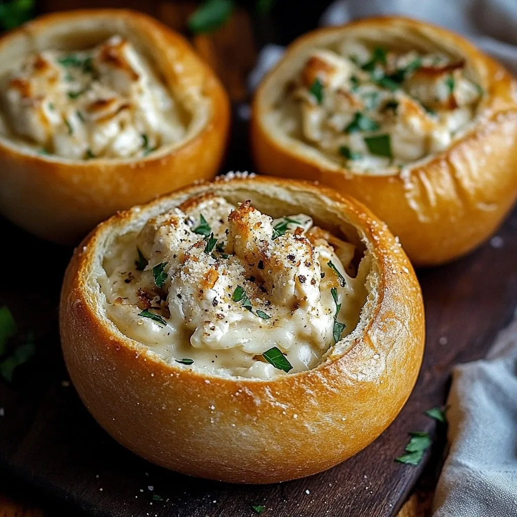 Chicken Alfredo Garlic Bread Bowls 1 Chicken Alfredo Garlic Bread Bowls