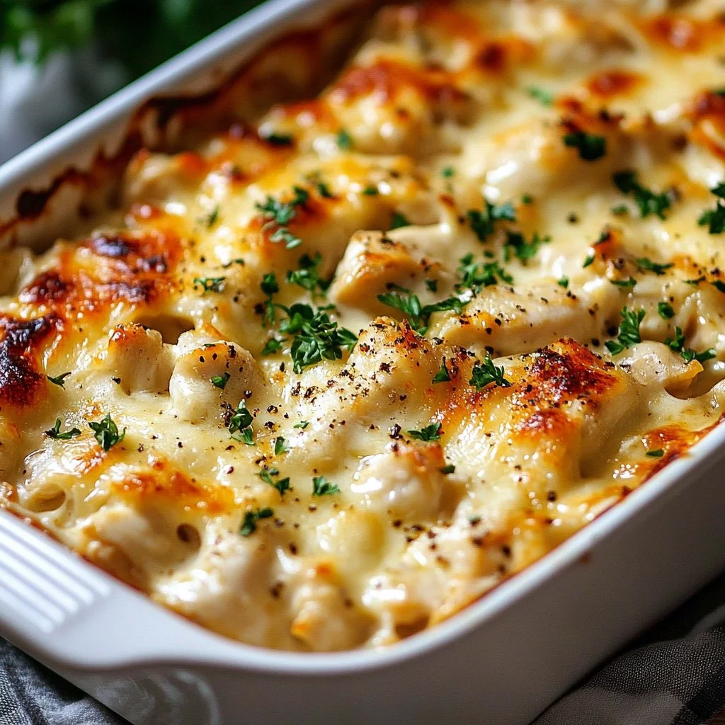 Delicious Million Dollar Chicken Casserole served in a baking dish.