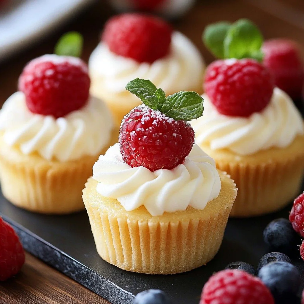 Delicious mini cheesecakes decorated with fruit and chocolate sauce.