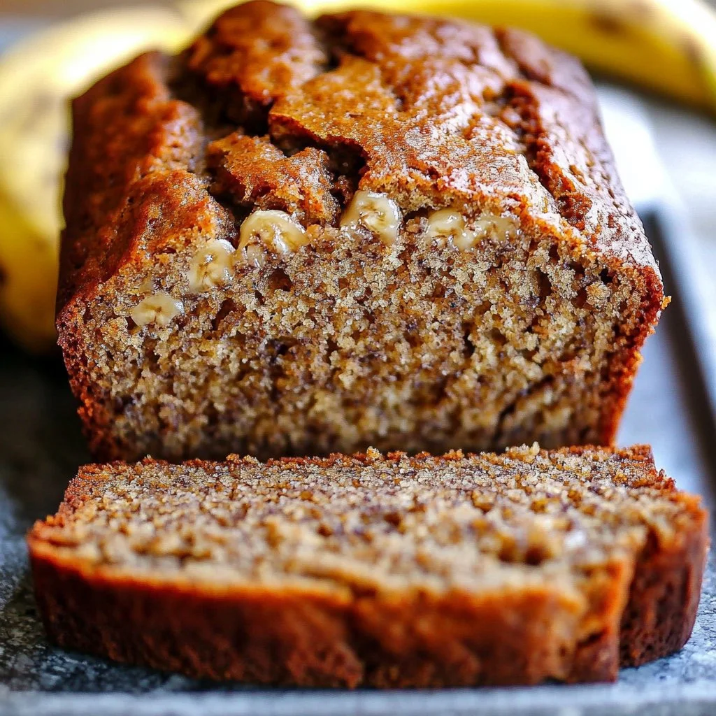Deliciously moist banana bread slice on a wooden cutting board