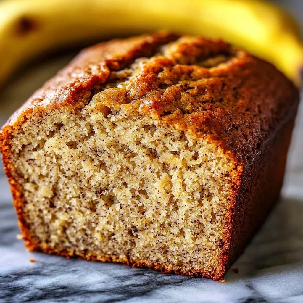 Deliciously moist banana bread freshly baked with ripe bananas.