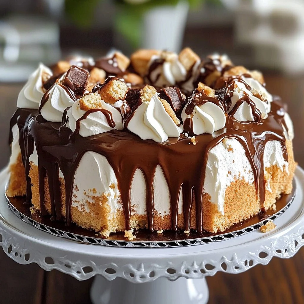 Delicious Mounds Poke Cake topped with chocolate and coconut decoration.