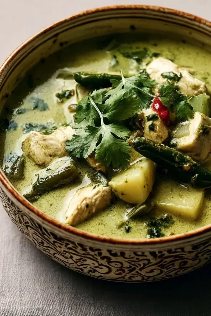 Bowl of mouthwatering roasted poblano soup garnished with fresh herbs