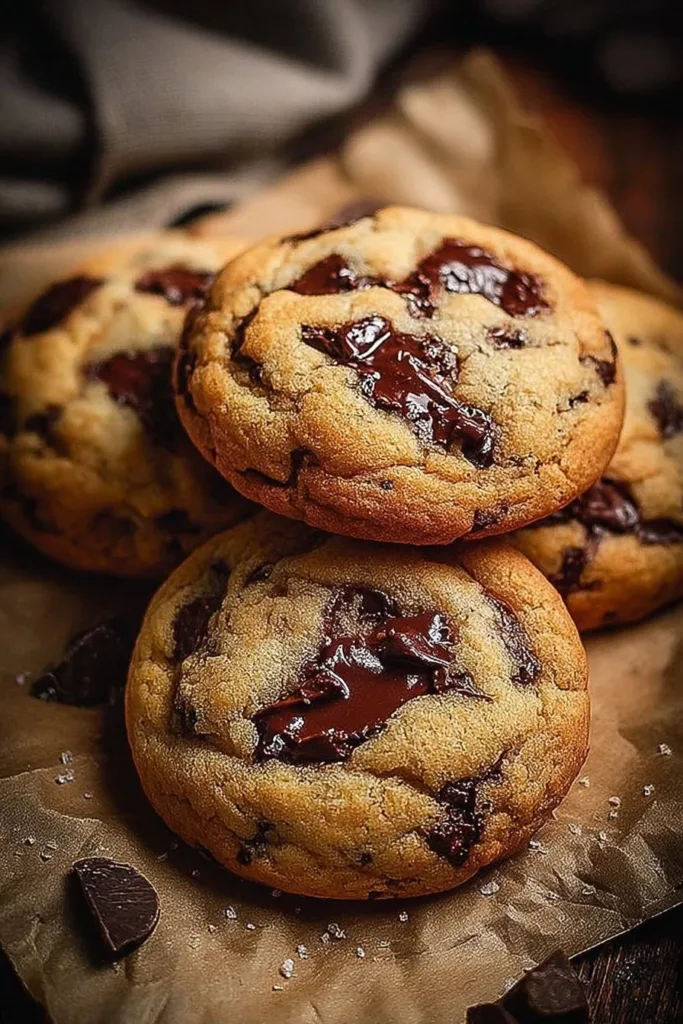 Nutella stuffed chocolate chip cookies on a plate with chocolate drizzle