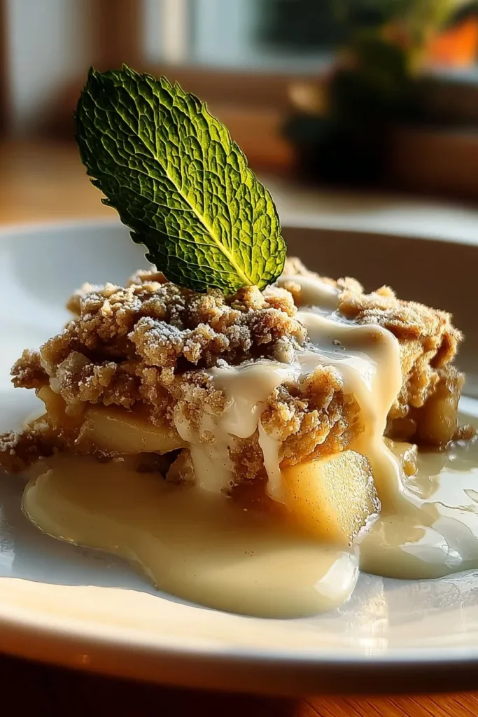 Delicious oatmeal apple breakfast bake served warm with fresh apple slices.