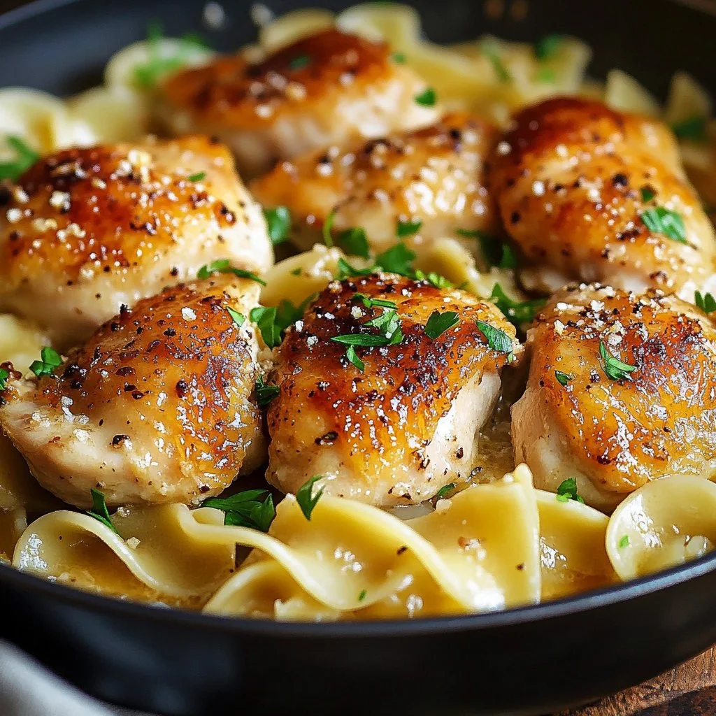 One-Pan Chicken with Buttered Noodles served in a skillet