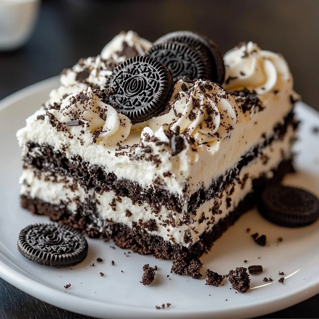 Delicious Oreo Dump Cake with chocolate and cream layers
