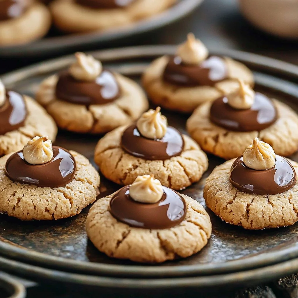 Delicious Peanut Butter Blossoms cookies topped with chocolate kisses