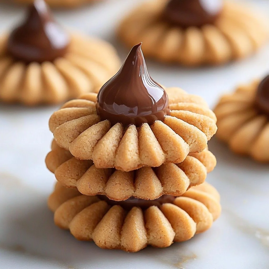 Delicious Peanut Butter Blossoms cookies with chocolate kisses on top.