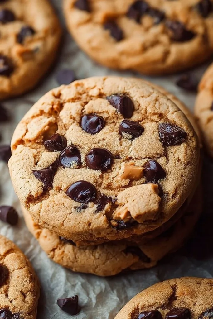 Peanut butter chocolate chip cookies on a cooling rack