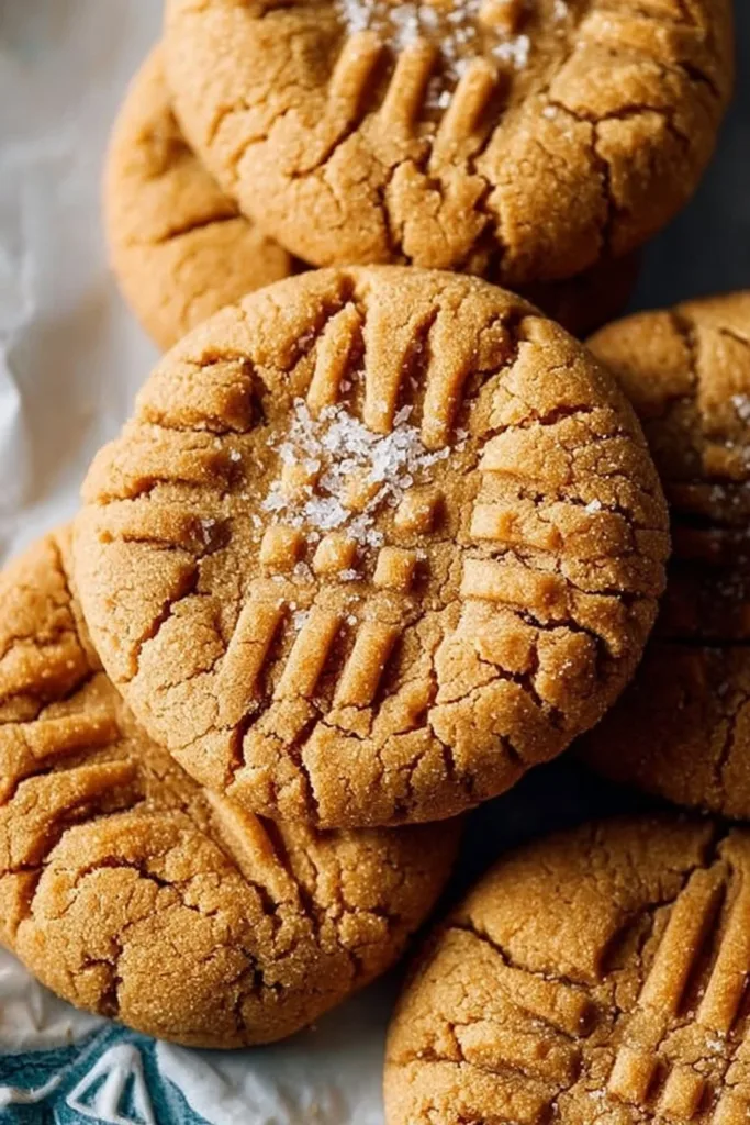 Freshly baked peanut butter cookies on a cooling rack.