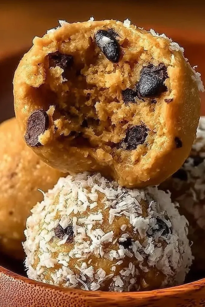 Homemade peanut butter protein balls on a wooden table, healthy snack option