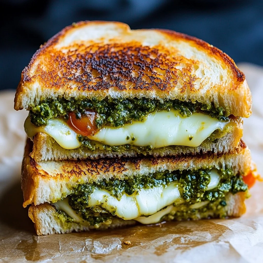 Pesto Grilled Cheese sandwich showcasing melted cheese and vibrant green pesto