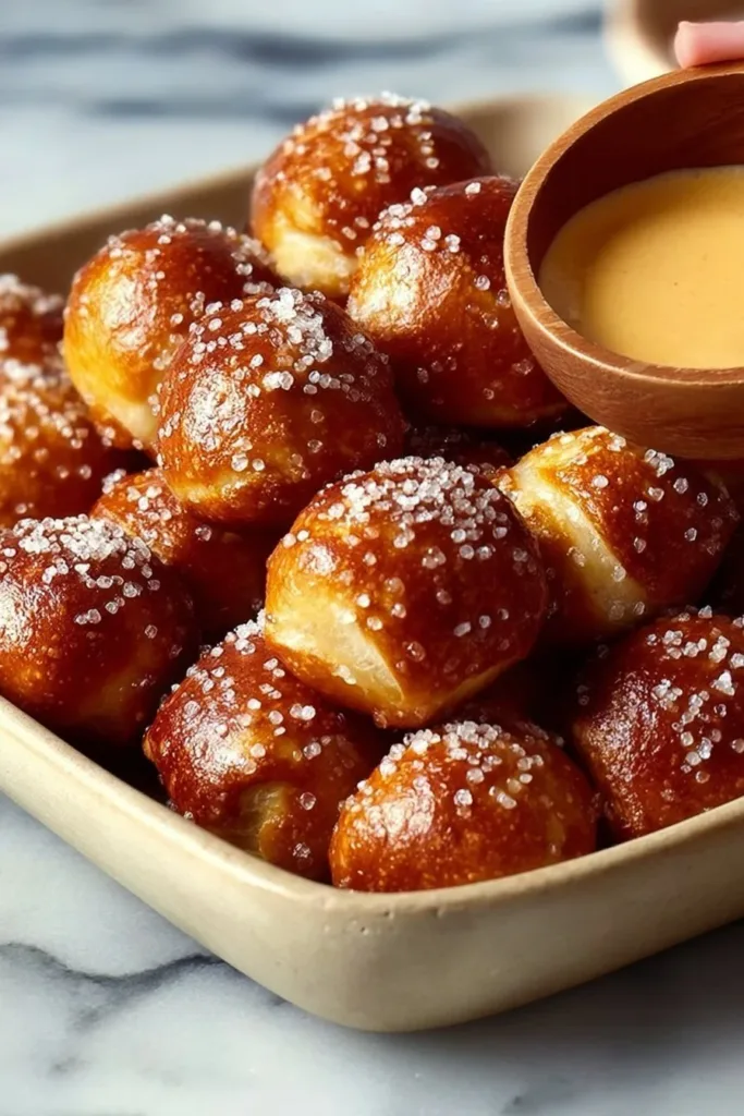 Freshly baked pretzel bites served with dipping sauce