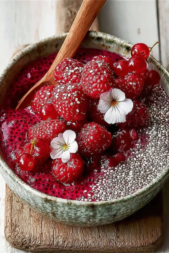 Bowl of creamy Raspberry Chia Pudding topped with fresh raspberries and mint leaves