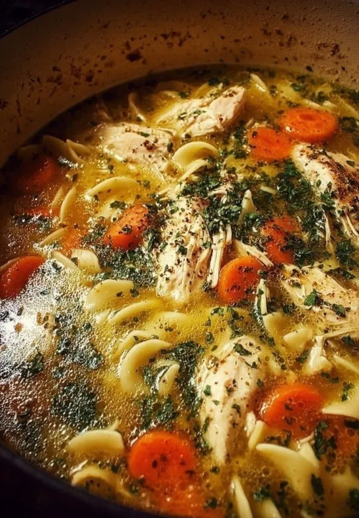 Hearty bowl of rotisserie chicken noodle soup with fresh herbs and noodles