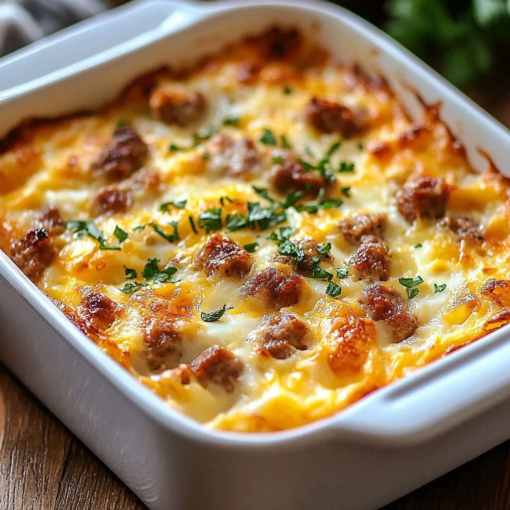 Delicious sausage and egg casserole baked to perfection, great for breakfast.