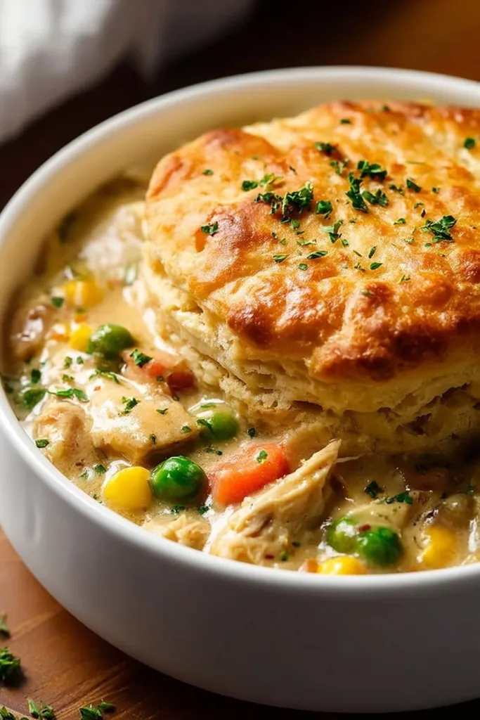 Delicious slow cooker chicken pot pie topped with golden crust and vegetables