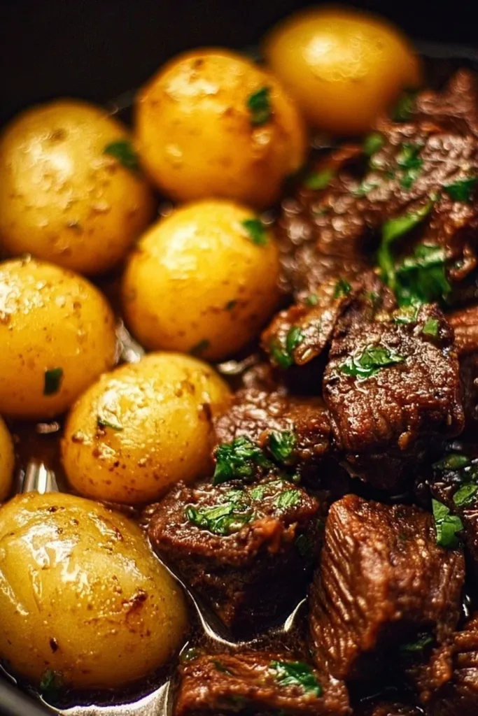 Delicious slow cooker garlic butter beef bites with potatoes served in a bowl.