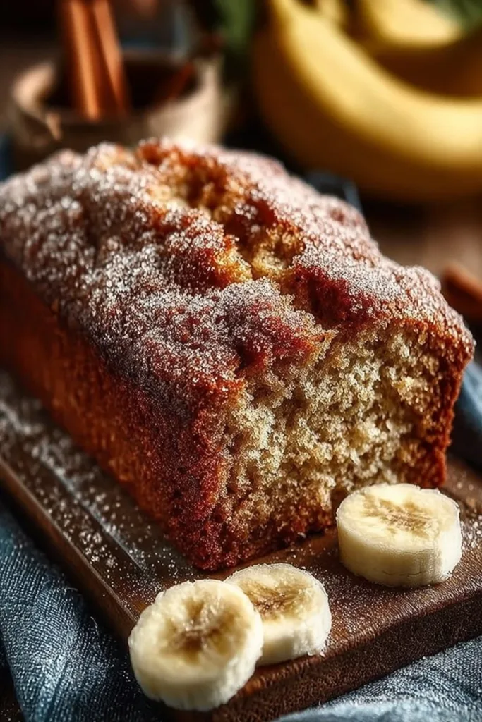 Delicious slice of snickerdoodle banana bread topped with cinnamon sugar