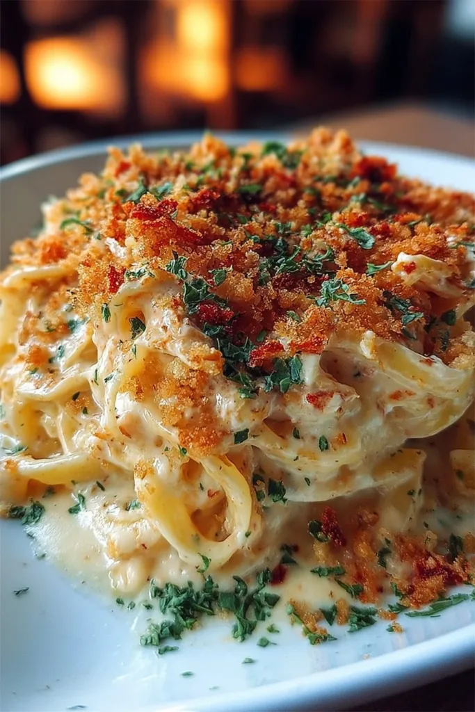 Spicy Southern cheesy chicken spaghetti casserole in a baking dish