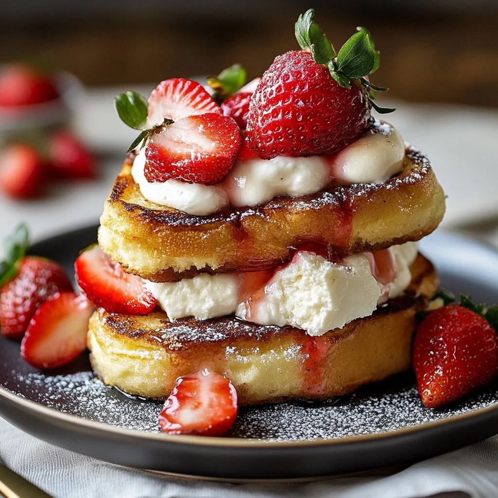 Delicious strawberry cheesecake french toast topped with fresh strawberries and cream