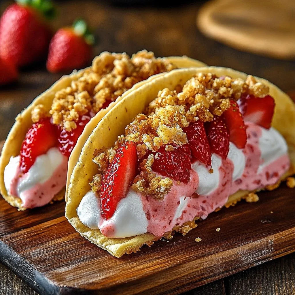 Strawberry crunch cheesecake tacos served on a plate