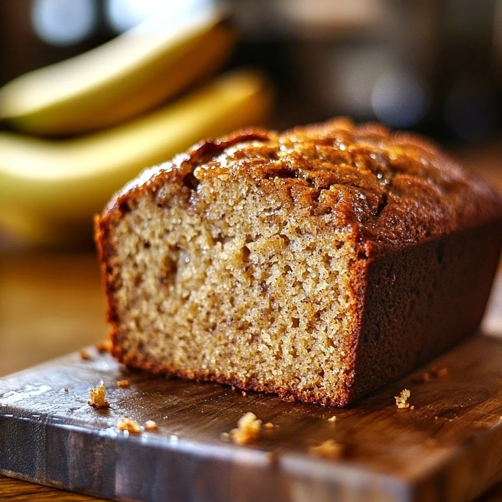 Loaf of super moist banana bread with slices on a wooden cutting board