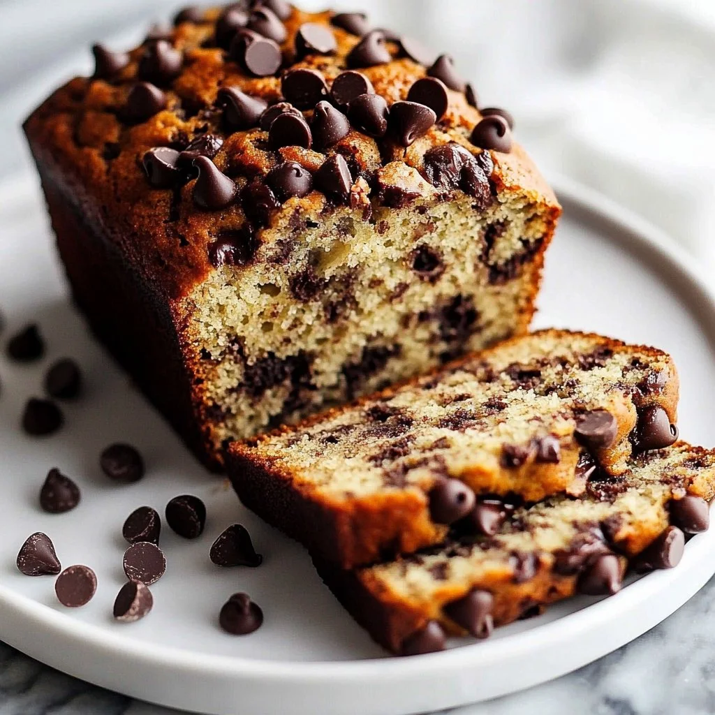 Super moist chocolate chip banana bread with slices and chocolate chunks
