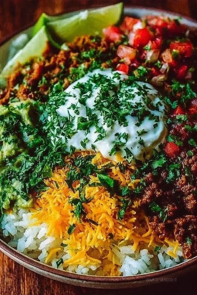 Colorful Taco Rice Bowl with seasoned meat, fresh vegetables, and rice