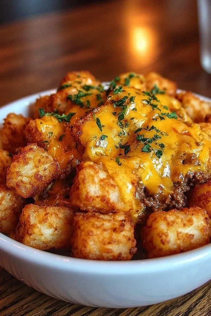 Delicious Tater Tot Casserole topped with golden crispy tater tots and cheese.