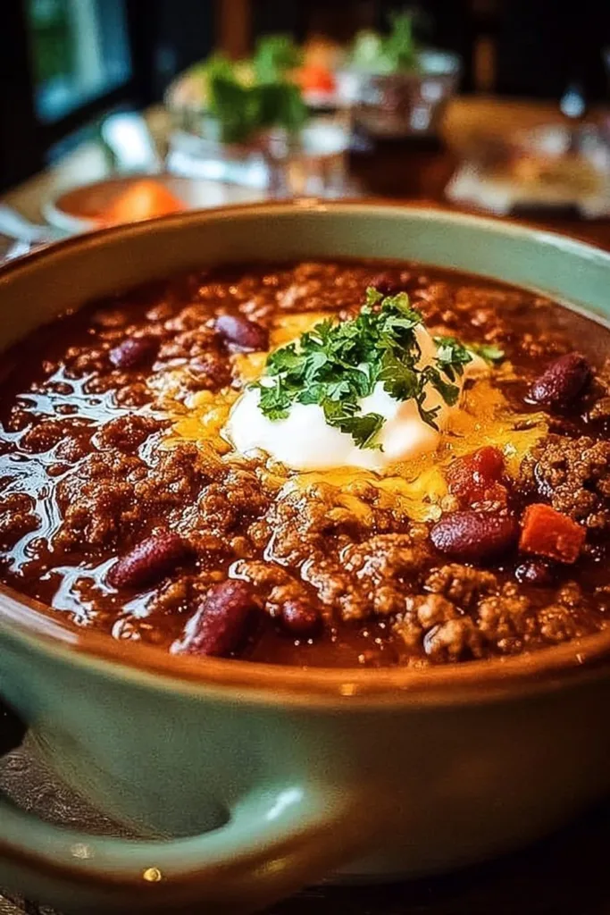 Delicious Pioneer Woman chili served in a rustic bowl with toppings.