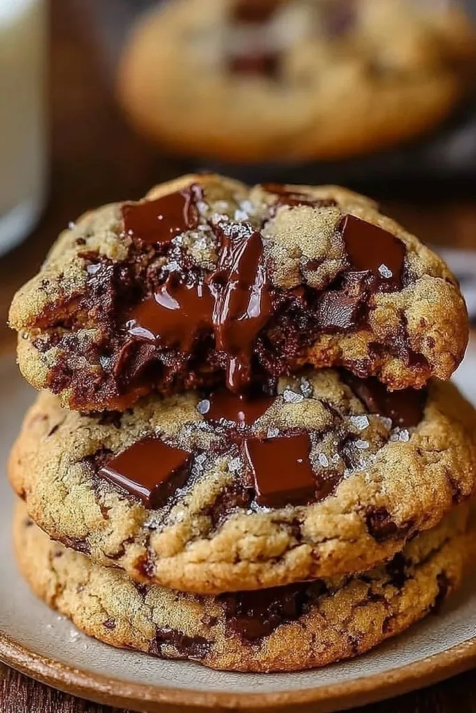 Ultra thick chocolate chip cookies on a baking sheet
