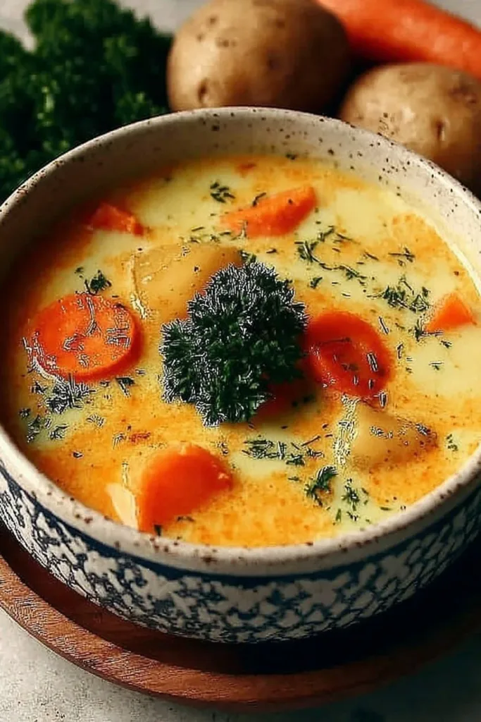 A bowl of vegan carrot potato soup garnished with herbs and served with bread.