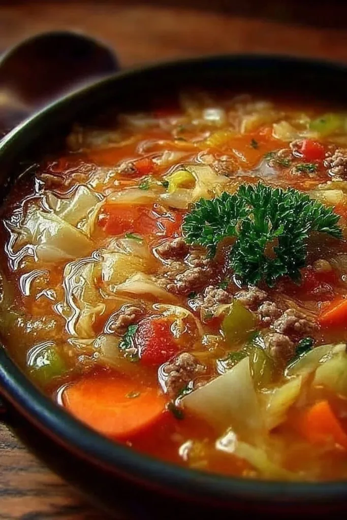 Bowl of Weight Watchers cabbage soup garnished with herbs and vegetables