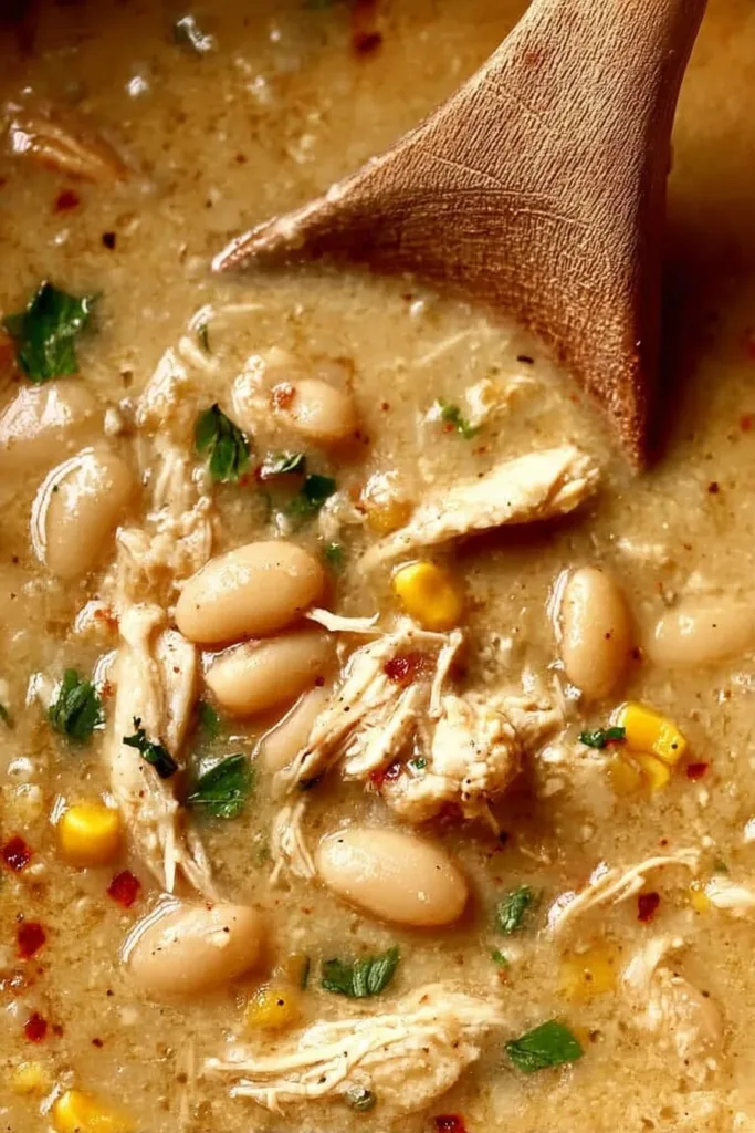 Delicious bowl of White Chicken Chili topped with cilantro and cheese