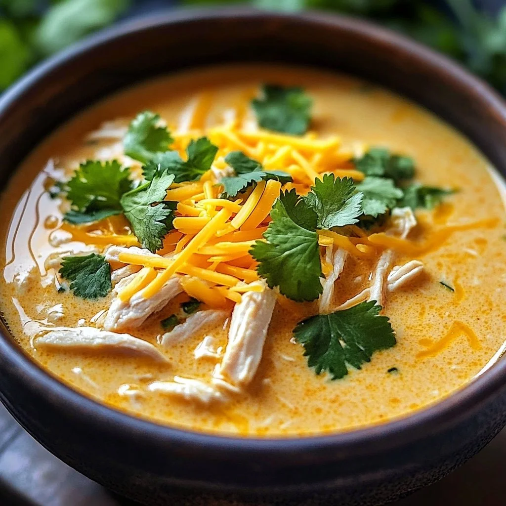 Delicious bowl of White Chicken Chili garnished with cilantro and lime