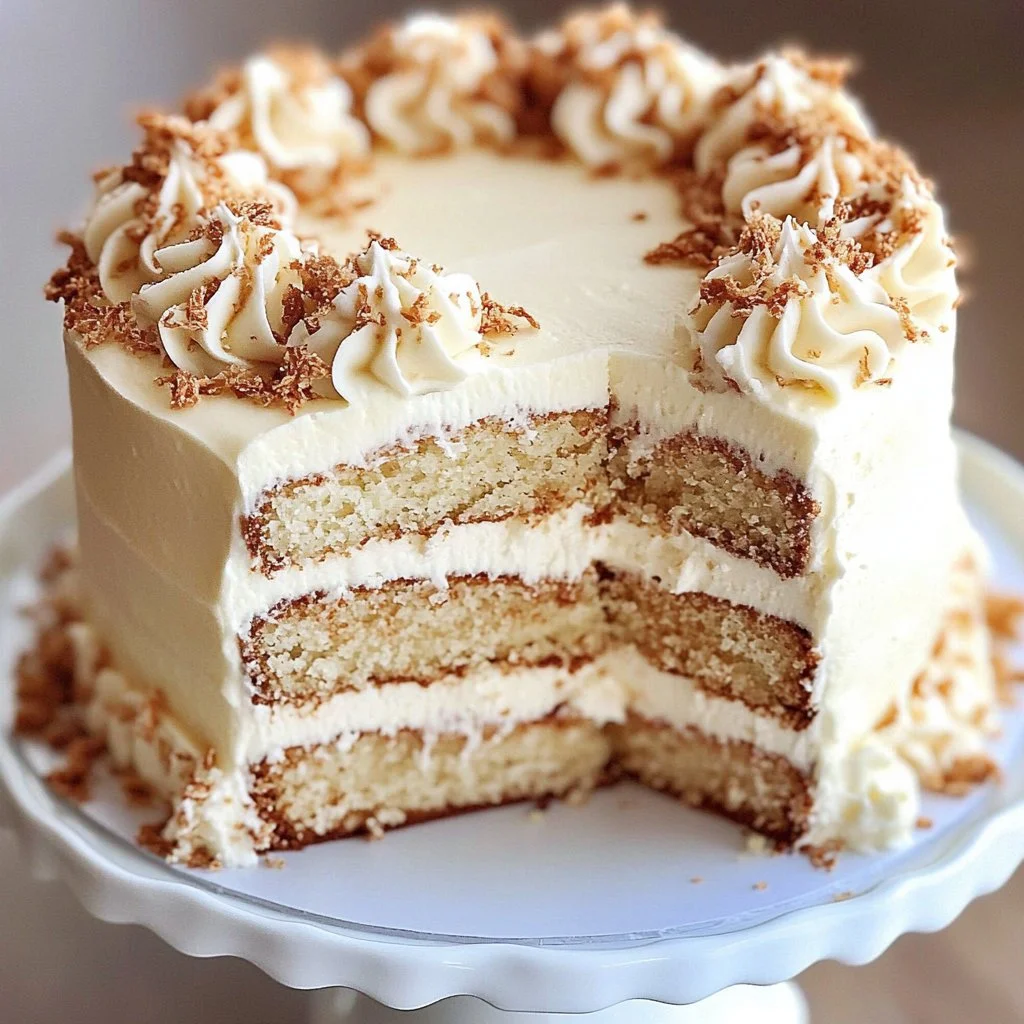 Slice of White German Chocolate Cake with coconut and pecan frosting