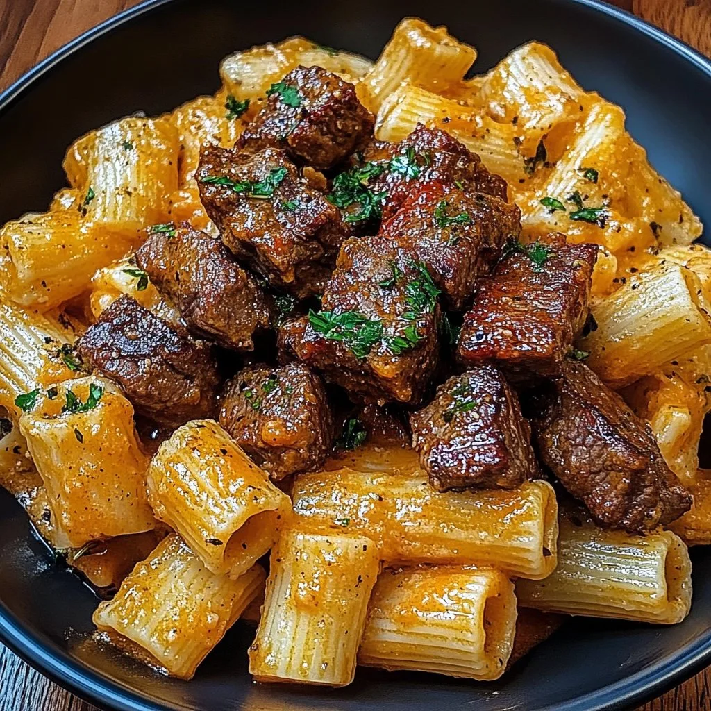 Cajun Steak Tips with Cheesy Rigatoni