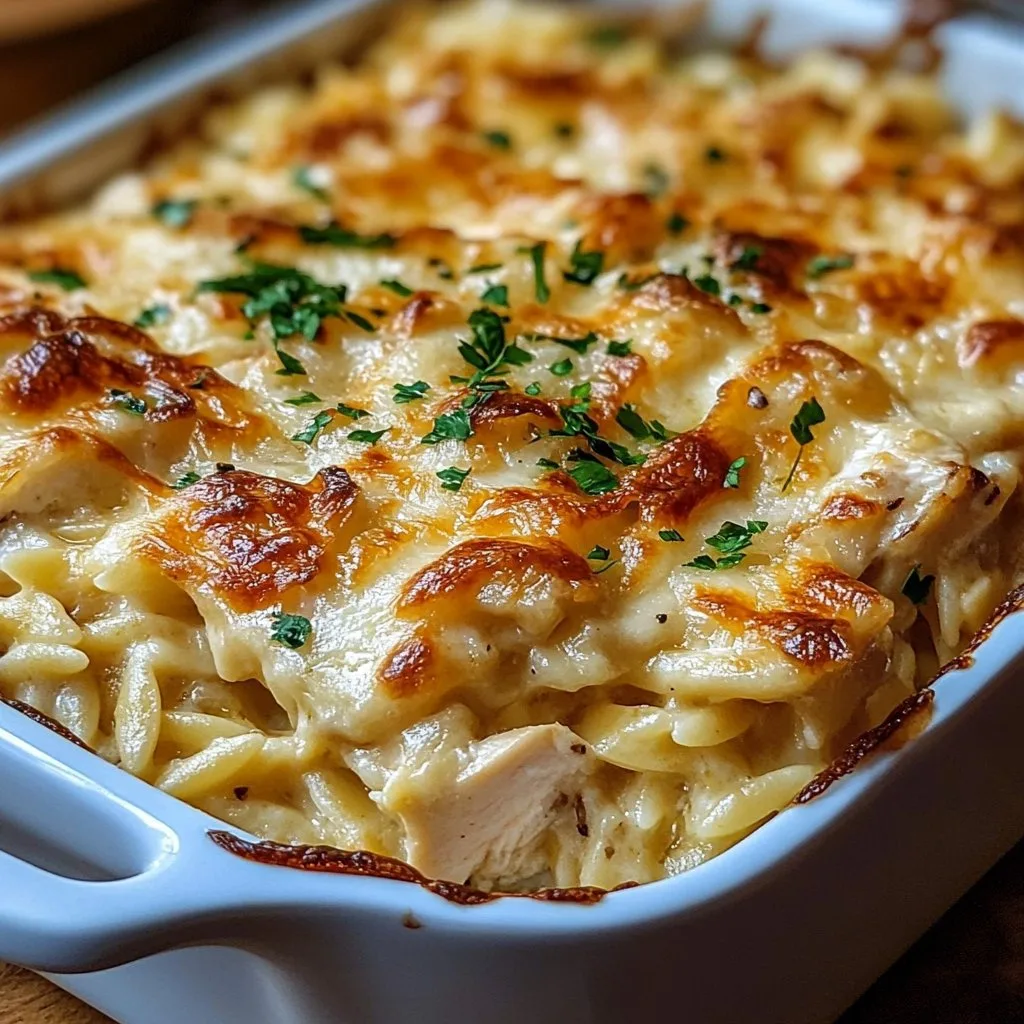 French Onion Chicken Orzo Casserole