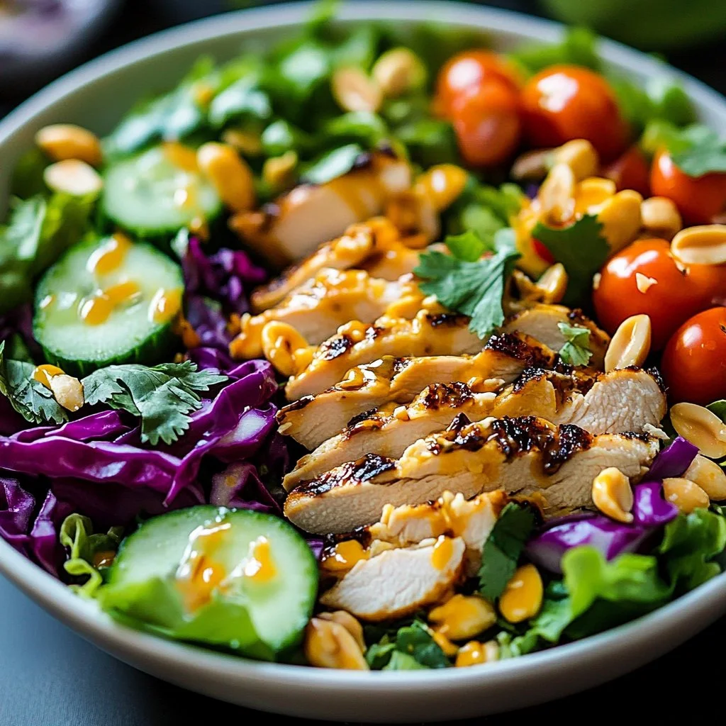 Asian Chicken Salad topped with a zesty ginger dressing and fresh vegetables.